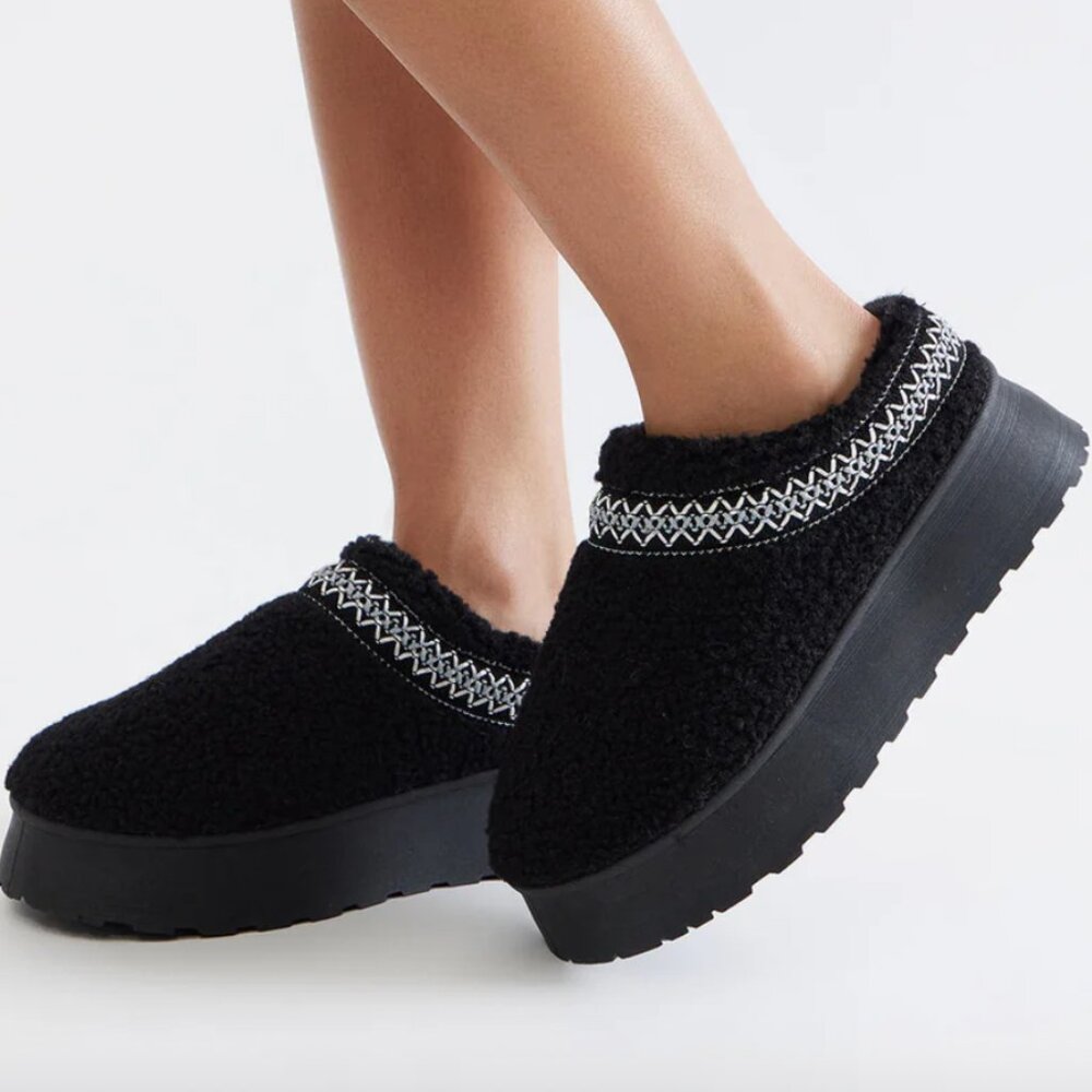 BLACK | Fall Sherpa Faux Fur Lined Platform Slip On Clogs